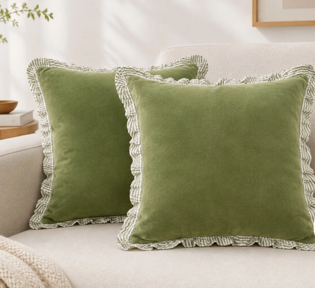 Sage Green Velvet Cushion Cover with Striped Cotton Ruffle – 22×22 Inches | Pack of 2